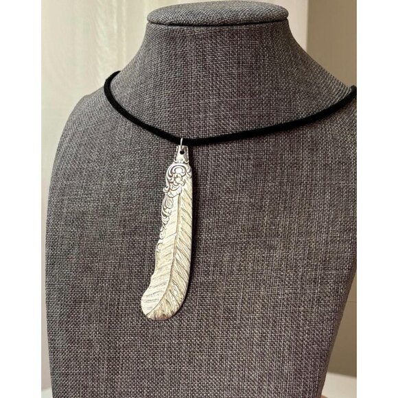 Handmade Silverware Feather Pendant Necklace - Upcycled "First Love" Knife - Picture 3 of 11